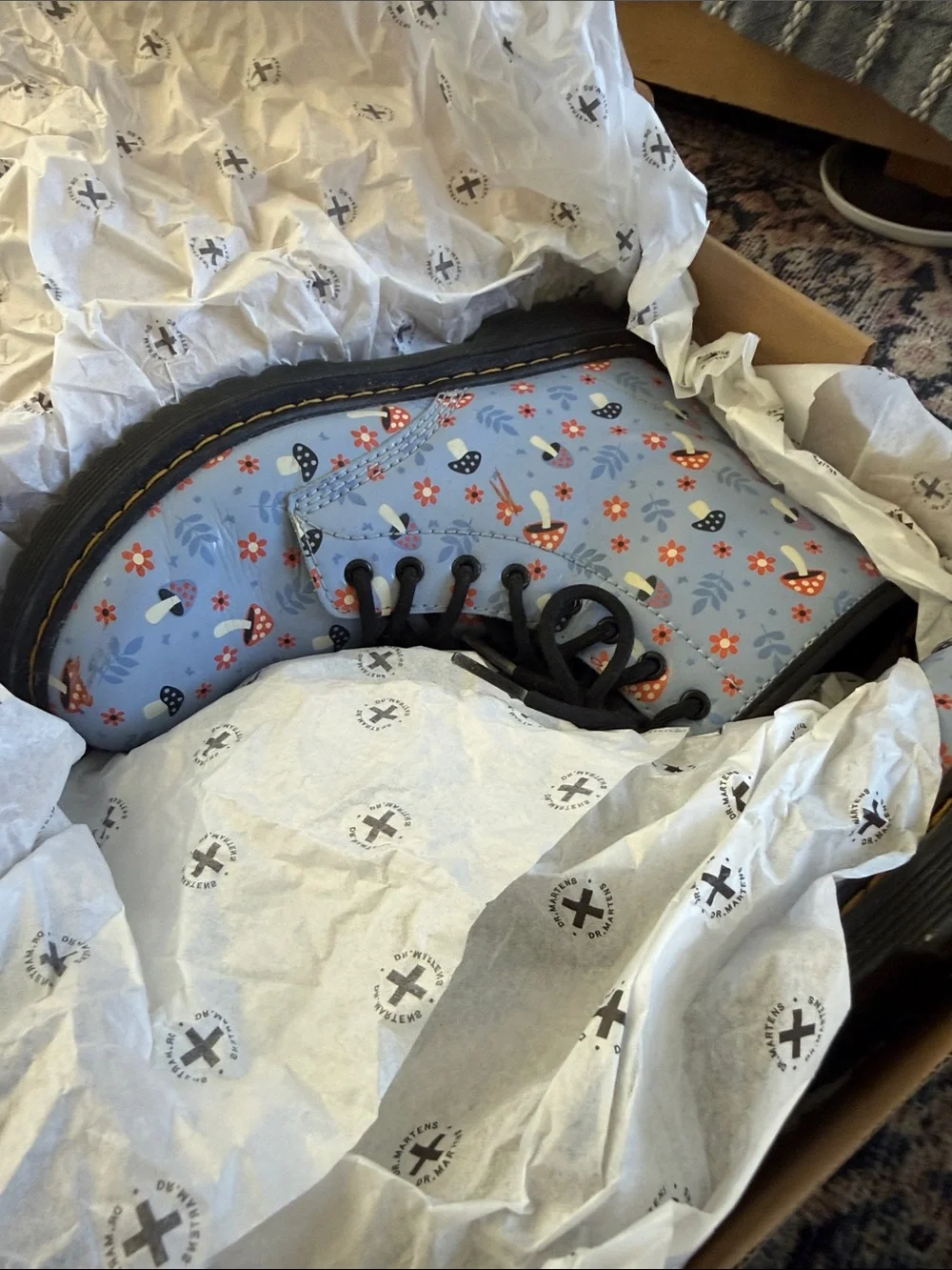 Dr. Martens Kids Light Blue Floral & Mushroom Combat Boots